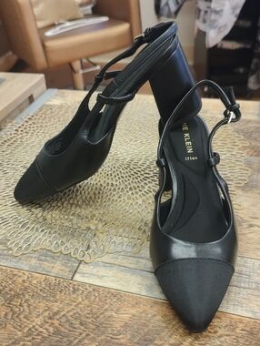Anne Klein Black Pointed-Toe Ankle-Strap Block Heels
